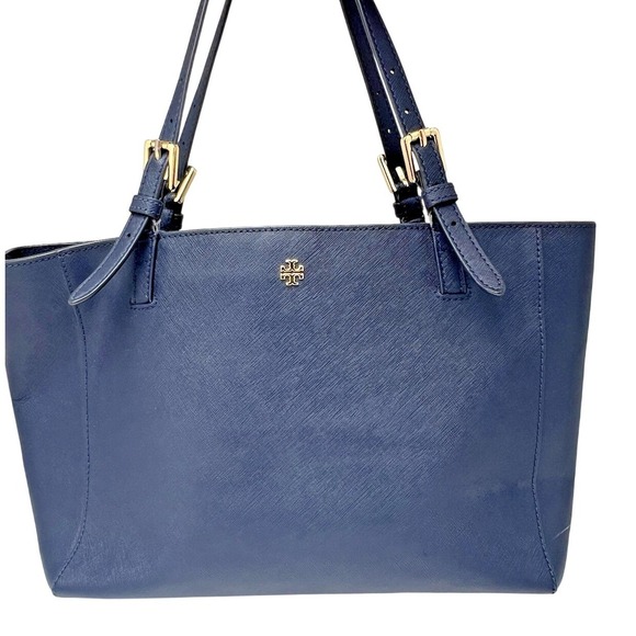Tory Burch Handbags - Tory Burch York Buckle Tote Navy Saffiano Leather Large Shoulder Bag Gold Logo